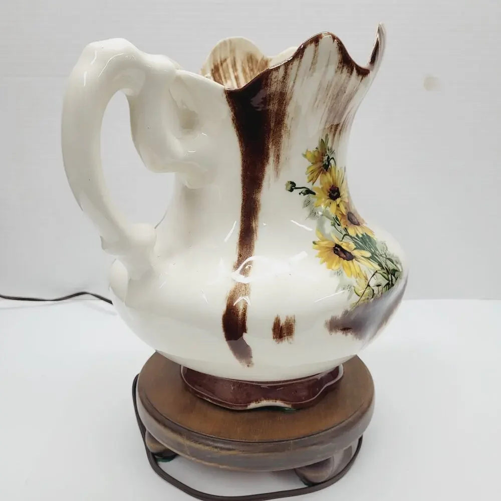 Vtg Table Lamp Water Pitcher Hand Painter Sunflowers Ceramic Wood Base 13